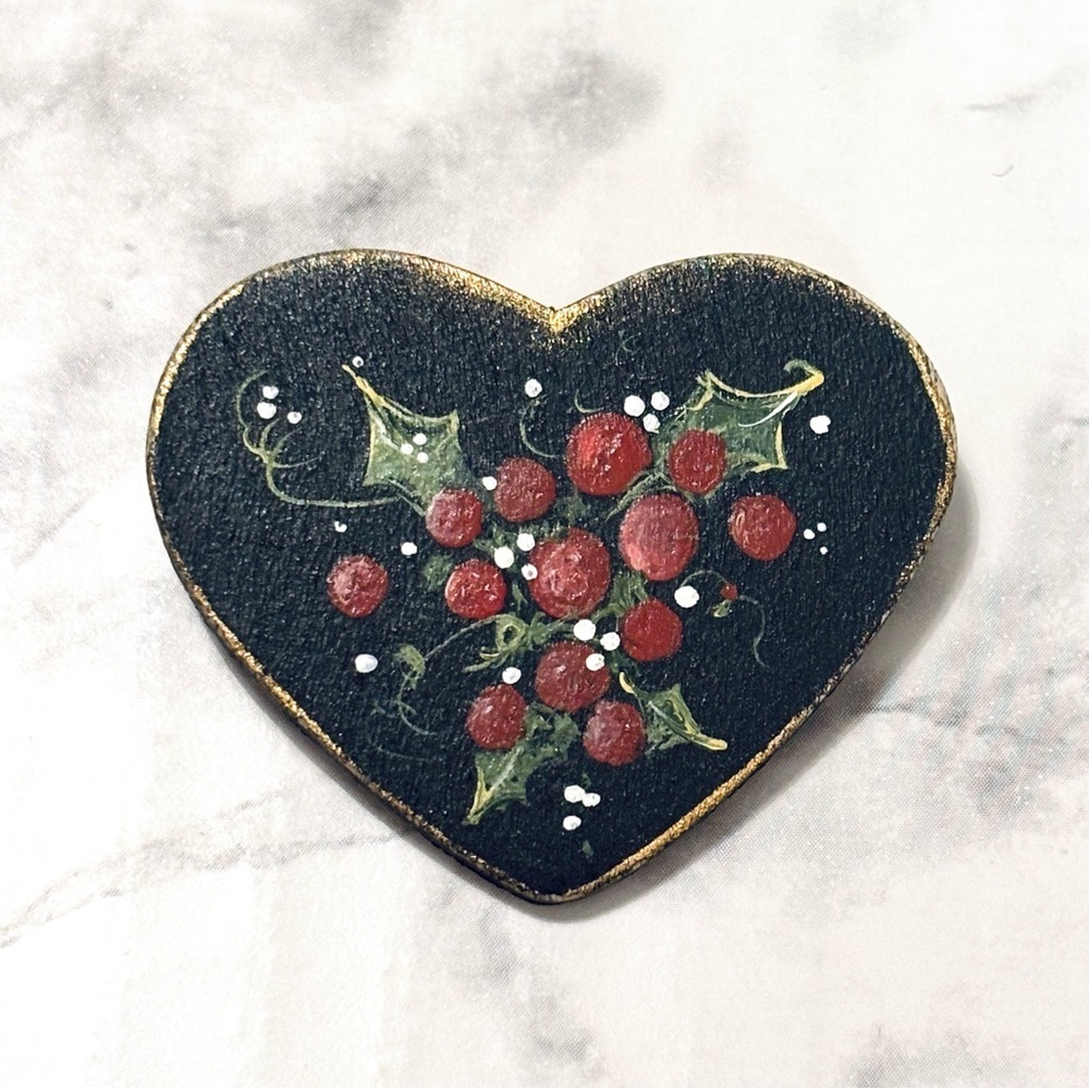 Vintage Hand Painted Wooden Heart Shaped Brooch with Berry Design